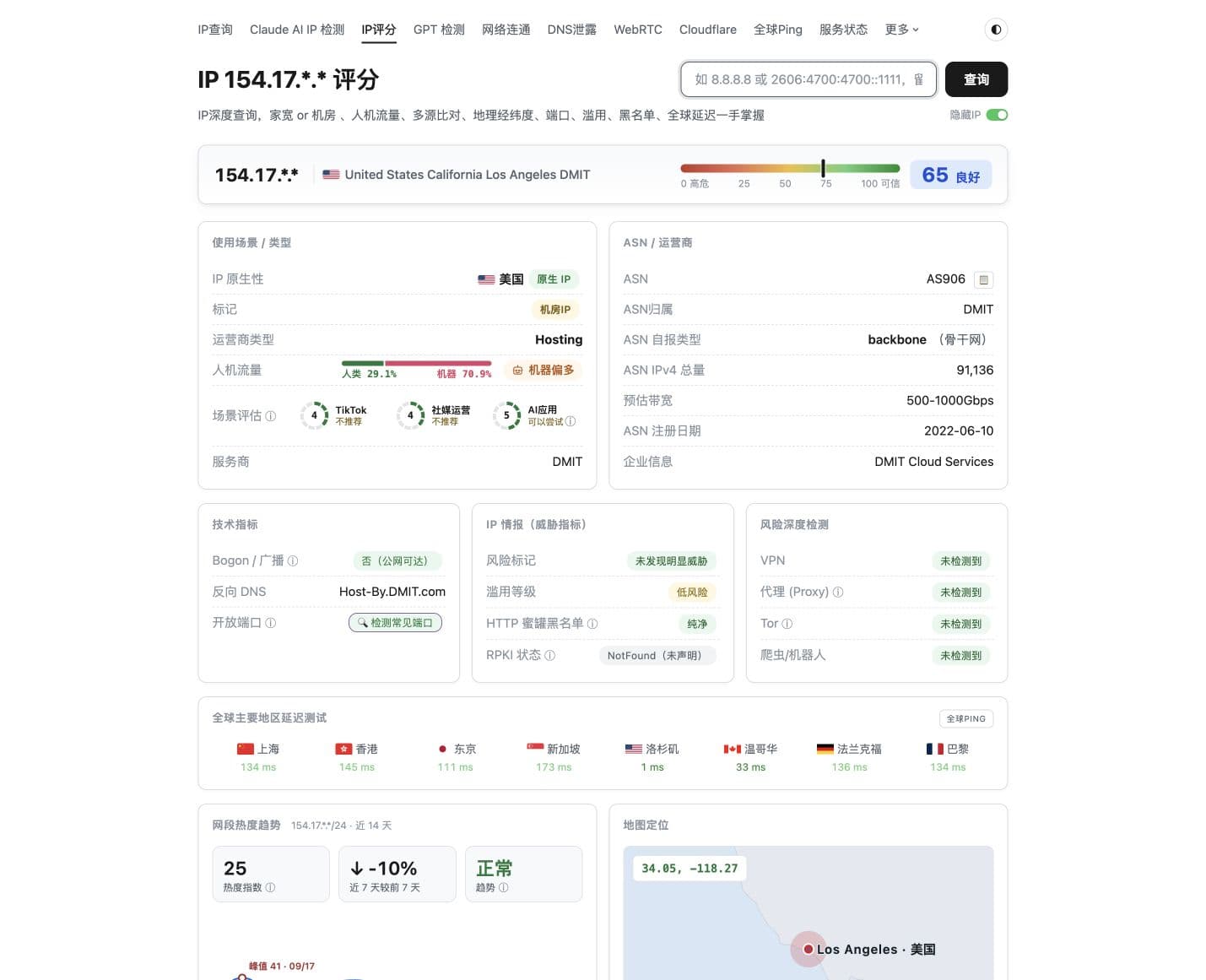 DMIT 的 Net.Coffee 检测结果，已隐藏 IP